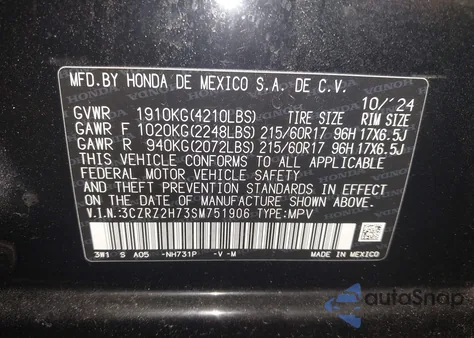 2025 Honda Hr-V Awd Ex-L z USA, uszkodzony, nr VIN 3CZRZ2H73SM751906